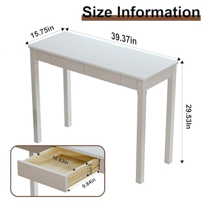 Solid Wooden Desk with Drawers - 39 x 16 Inch Modern Narrow Desks, Rubberwood Simple Study Table, Small Writing Desk for Bedroom|Small Spaces - White Desks - color: White, size: 39.4 in W x 15.7 in D