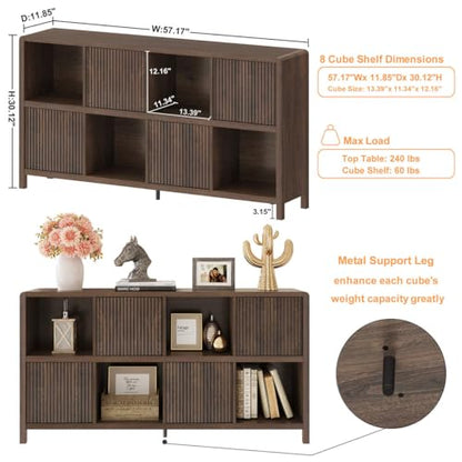 TV Stand with Storage and 8 Cube Bookshelf with 4 Doors for Living Room Bedroom (Dark Walnut)