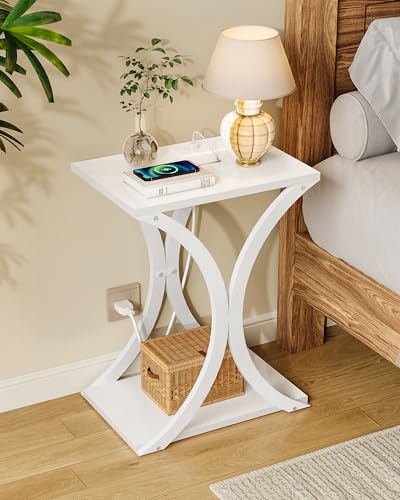 CHOEZON White End Table with Charging Station, 2-Tier Narrow Side Table, Nightstand with Storage Shelf, for Small Spaces, for Living Room, Bedroom, White TBZ20UWB - color: White
