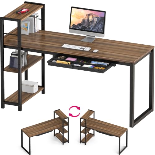 SHW 46-Inch Home Office Computer Desk w/Side Shelf & Drawer, Walnut | w/ Reversible Adjustable Shelf | Drawer with adjustable compartments - color: Walnut