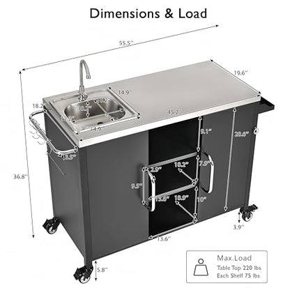 Merax 55.5" Outdoor Kitchen Island, Metal Grill Cart Table with 304 Stainless Steel Sink, Outdoor Bar Cart Sink Station with 4 Lockable Wheels for Pizza Prep & BBQ, Black