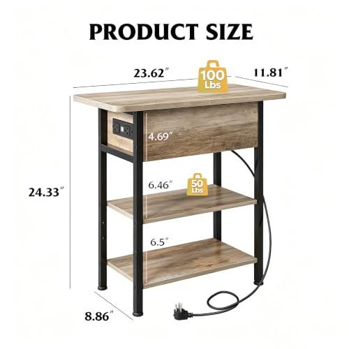 WLIVE 3-Tier End Table with Charging Station, Flip Top Narrow Side Table with Storage Shelf, Small Nightstand with USB Ports and Outlets,Bedside Table for Living Room, Bedroom - color: Greige