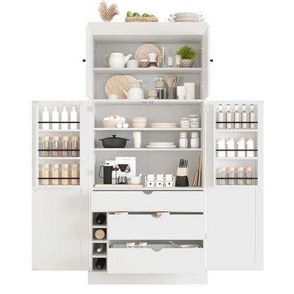 Merax 77'' Tall Freestanding Kitchen Pantry, 35''Lx17.7''W Modern Shaker Style Cupboard Storage Cabinet with Adjustable Shelves,Door Shelves, Drawers and Wine Racks, White - color: White