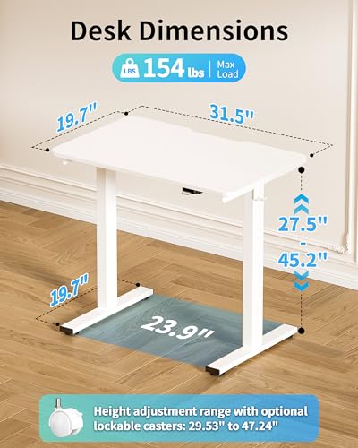 Okin Electric Standing Desk 31.5x19.7 Inches Small Computer Desk-Whole Piece Stand up Desk with Wheels Gaming Rolling Home Office Desks, White - color: White+casters, size: 31.5 Inch