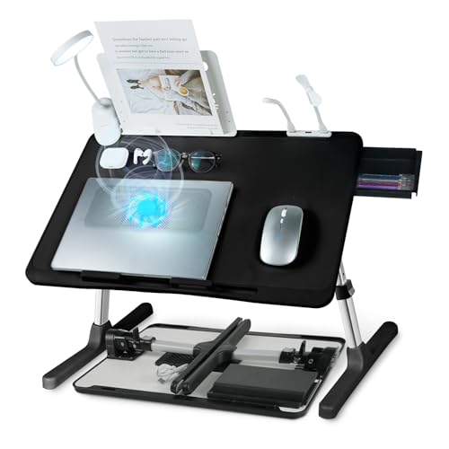 iXTRA Laptop Lap Desk with Cooling Fan - Adjustable with Light, USB, Storage Drawer - Folding Bed Desk,22.04"*12.59",Black - color: Black,56-32cm