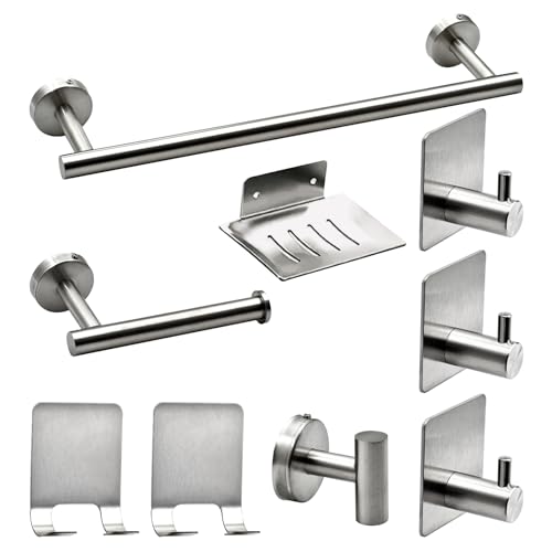 9 PCS Bathroom Hardware Set, Brushed Nickel Stainless Steel Bathroom Tower Rack Set Wall Mounted Includes 16" Towel Bar, Toilet Towel Paper Holder, 6 Robe Towel Hooks, 1 Soap Holder - color: 9pcs-brushed Nickel