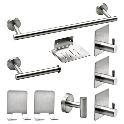 9 PCS Bathroom Hardware Set, Brushed Nickel Stainless Steel Bathroom Tower Rack Set Wall Mounted Includes 16" Towel Bar, Toilet Towel Paper Holder, 6 Robe Towel Hooks, 1 Soap Holder - color: 9pcs-brushed Nickel