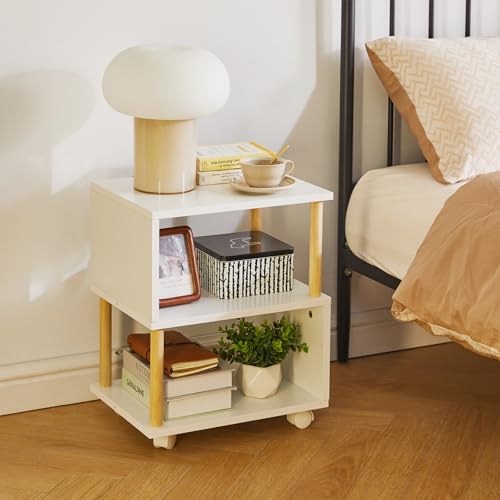 Aibiju Wooden Night Stand with Open Shelf, Nightstand with Wheels, S-Shaped Bed Side Table 3 Tier, 20 inch High End Table White YD-TM155W - color: White, size: 16"D x 12"W x 20"H (Wheels)