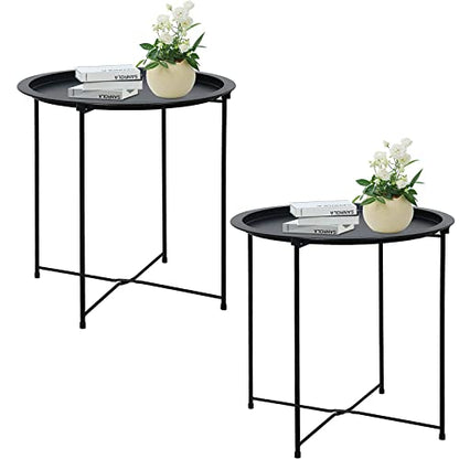 Garden 4 you End Table 2 PCS Metal Side Table Black Round Folding Tray Cyan Sofa Small Accent Fold-able Table, Round End Table Tray, Next to Sofa Table, Snack Table for Living Room and Bed Room - color: Black