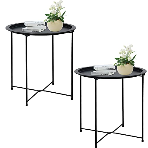 Garden 4 you End Table 2 PCS Metal Side Table Black Round Folding Tray Cyan Sofa Small Accent Fold-able Table, Round End Table Tray, Next to Sofa Table, Snack Table for Living Room and Bed Room - color: Black