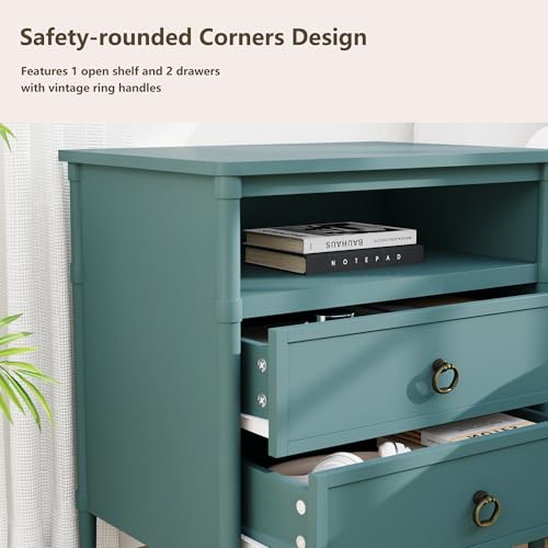 Nightstand, Mid Century Modern Night Stand with 2 Drawers and Open Shelf, Beside Table with Distressed Ring Handle for Bedroom,End Table (1, Green) - color: Green