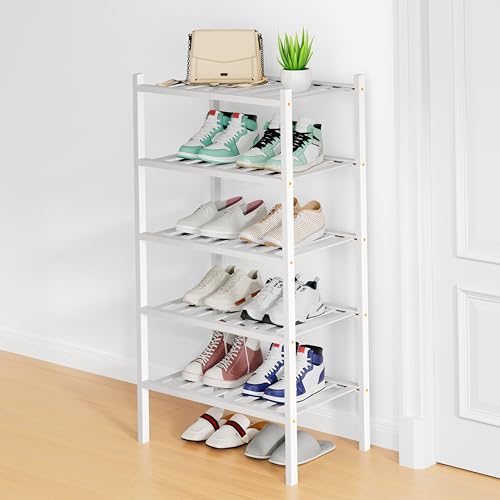Smiry Bamboo Shoe Rack, 12 Vertical Slats, 5 Tier - 17.3" Wide, White | Stackable Free Standing Wooden Shoe Organizer, Wood Shoe Storage Shelf for Closet, Entryway - color: White, size: 17.32" Wide - 5 Tier - Regular