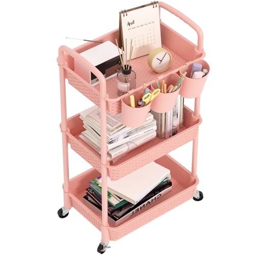 MOYIPIN 3-Tier Plastic Rolling Utility Cart with Handle,Utility Storage Cart for Office, Living Room, Kitchen,Movable Storage Organizer Shelves,Pink with 5 Hanging Cups - color: Pink, size: 3-Tiers with cups