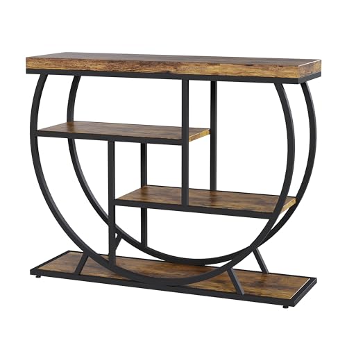 Garvee Entryway Table with Storage, Industrial 4-Tier Narrow Console Table Behind Couch with Half-Circle Base & Storage Shelves for Living Room, Hallway, Foyer - color: Rustic Brown