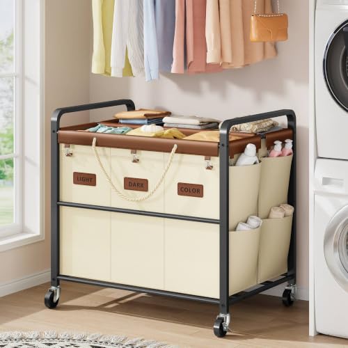 350L Extra Large Laundry Cart, Laundry Hamper 6 Section, Beige | Large Capacity, Heavy Duty Lockable Wheels, Sturdy Metal Frame, Leather Patchwork, Removable Bags - color: Beige, size: 6 Bag 350L