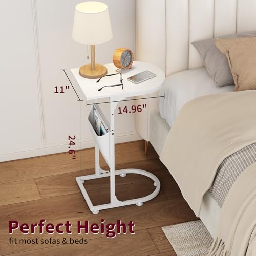 C Shaped End Table, Slide Under Small Side Table for Couch & Small Spaces | Wobble-Free C Table For Sofa, White, Storage Bag, Sturdy Metal Frame, Wood Top, Living Room & Bedroom, 15-Min Quick Assembly - color: Classic White