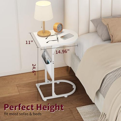C Shaped End Table, Slide Under Small Side Table for Couch & Small Spaces | Wobble-Free C Table For Sofa, White, Storage Bag, Sturdy Metal Frame, Wood Top, Living Room & Bedroom, 15-Min Quick Assembly - color: Classic White