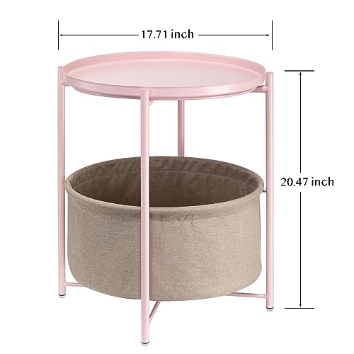 danpinera Pink Round Side Table with Fabric Storage Basket,Small Sofa Table | Metal Modern Nightstand for Small Space, Bedroom, Nursery, Accent Metal Table with Removable Serving Tray, 20.47 in Tall - color: Light Pink