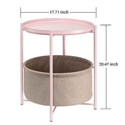 danpinera Pink Round Side Table with Fabric Storage Basket,Small Sofa Table | Metal Modern Nightstand for Small Space, Bedroom, Nursery, Accent Metal Table with Removable Serving Tray, 20.47 in Tall - color: Light Pink
