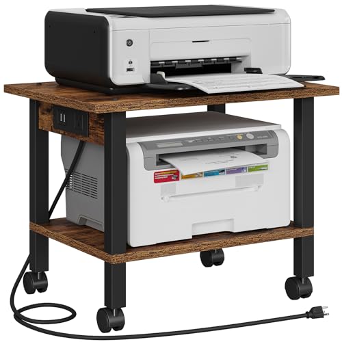 TUTOTAK Printer Stand, 2 Tier Rolling Printer Cart with Charging Station | Small Under Desk Printer Table with Wheels for Small Space, Office, Home, Brown PS01BB001P - color: Brown, size: 2 tier(18.9 x 11.8 x 15.4inchs)