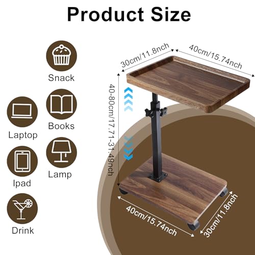 Simcat C Table End Table Adjustable Height, 360° Swivel TV Tray Table for Small Spaces, Couch Tables that Slide Under, C Shaped End Tables with Wheels for Couch Living Room Bedside TV(Walnut) - color: Walnut