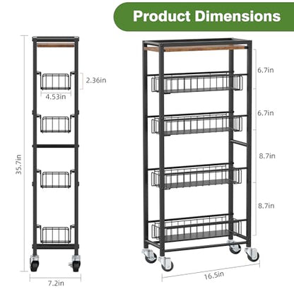 5-Tier Slim Rolling Cart Kitchen Utility Cart, Narrow Kitchen Cabinet with 4 Pull-Out Baskets - Versatile Rolling Storage Cart for Spices, Pantry & Bathroom Organization
