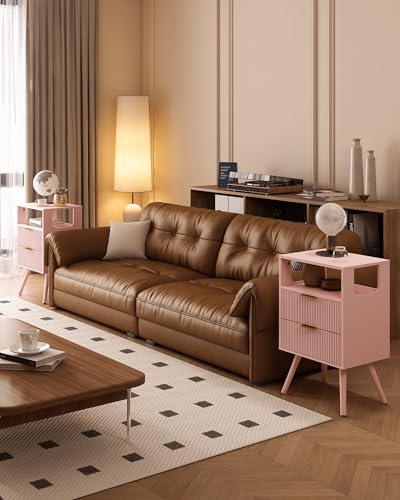 Leomonio Pink Nightstand,Modern Bedside Table with 2 Storage Drawer and Open Wood Shelf, for Bedroom and Small Spaces,Night Stand with Solid Wood Legs - color: Pink
