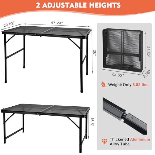 GREGIN Camping Table with Mesh Desktop, Lightweight & Portable Folding Grill Table, Height Adjustable Metal Outdoor Table for Camp, Cooking, BBQ, RV, Picnic-4 FT Black - size: L: 47.24"L x 23.62"W x 16.5"H/26"H