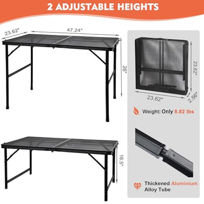 GREGIN Camping Table with Mesh Desktop, Lightweight & Portable Folding Grill Table, Height Adjustable Metal Outdoor Table for Camp, Cooking, BBQ, RV, Picnic-4 FT Black - size: L: 47.24"L x 23.62"W x 16.5"H/26"H
