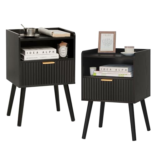 AWASEN Black Fluted Nightstand Set of 2, Modern Bedside Table Set of 2 with Storage Drawers, Small Nightstand Bed Side Table with Solid Wood for Living Room, Bedroom, Office and Small Spaces (Black) - color: Black Set of 2