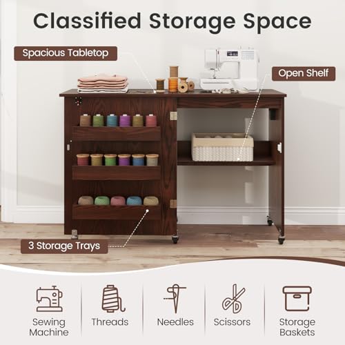 DREAMADE Folding Sewing Table with Storage, Craft Table w/Charging Station, 5 Lockable Wheels, Storage Bins & Shelf, Sewing Machine Desk for Home Office, Apartment, Studio (Brown) - color: Brown