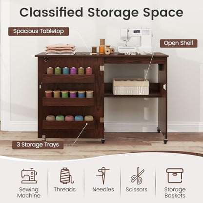 DREAMADE Folding Sewing Table with Storage, Craft Table w/Charging Station, 5 Lockable Wheels, Storage Bins & Shelf, Sewing Machine Desk for Home Office, Apartment, Studio (Brown) - color: Brown