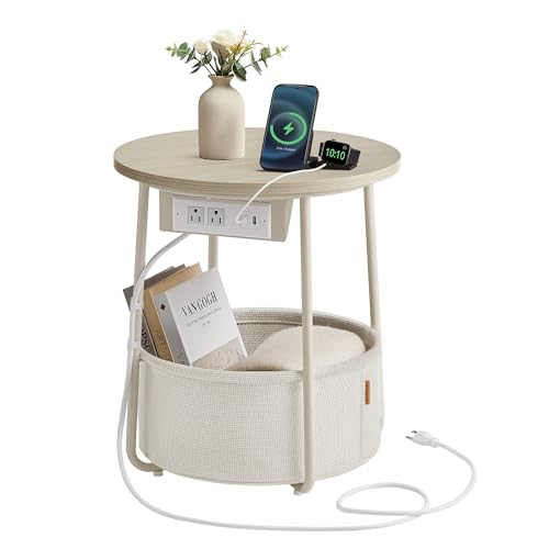 VASAGLE LILEA Collection - Side Table with Charging Station, Round End Table with Fabric Basket, Nightstand with USB Ports, for Living Room, Bedroom, Modern, Cream White ULET228N01 - color: Cream White, size: Without LED light