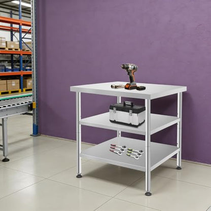 30x30x35in 3-Tier Stainless Steel Work Table with Casters & Foot Pads, Adjustable Shelves, 580 lbs Load Capacity, Space-Saving Utility Cart for Kitchen, Garage, Restaurant, Commercial & Home Use - size: 30 X 30 X 35 Inches