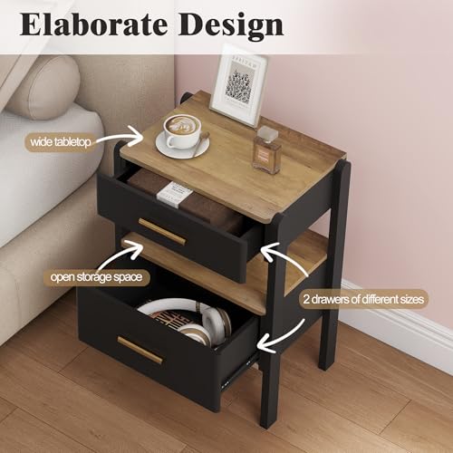 Nightstand with 2 Drawers and Open Shelf Wooden Bedside Table Gold Handles Modern Storage Night Stand Sensor Light for Bedroom, Black and Brown - color: Black and Brown