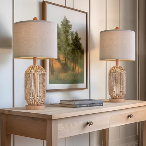 OYEARS 21" Boho Table Lamps Set of 2 for Living Room, Bedside Lamps for Nightstand, Rattan Lamp for Bedroom, Farmhouse Table Lamps for Boho Decor, End Table, Retro, Brown - color: Wood Brown