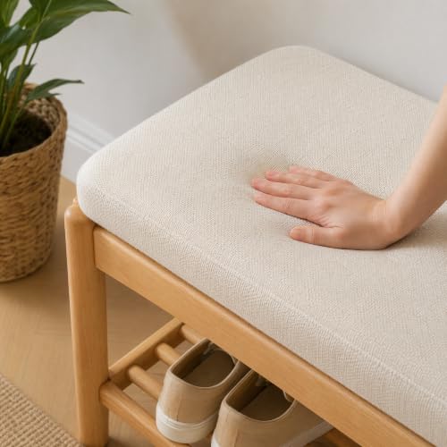 Solid Wood Shoe Bench, 40 Inch Entryway Bench with Light Gray Cushion | Wide natural oak bench with visible wood grain and soft cushion provides spacious seating with timeless modern style. - color: Natural + Light Gray Cushion, size: 39.37"