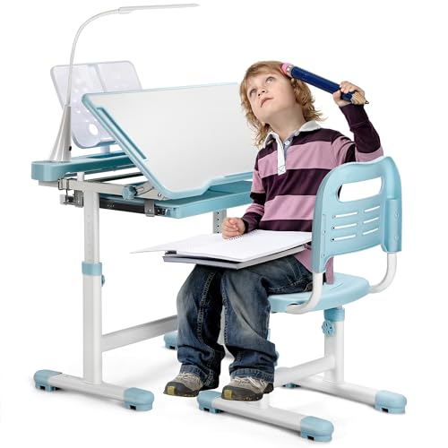 Rengue Kids Desk and Chair Set, Height Adjustable Children School Functional Study Desk with 55° Tiltable Desktop, 3 Modes & Brightness LED Light, Storage Drawer & Metal Hook for Boys Girls (Blue) - color: Blue