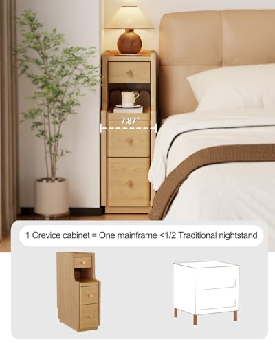 Solid Wood Narrow Nightstand with 3 Drawers,Modern Natural,Fully Assembled | Narrow night stand,gold handles,open Shelf,skinny bedside table,slim nightstand for bedroom storage,space-saving storage - color: Natural（15.75"d X 7.87"w X 23.62"h）