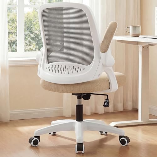 NEO CHAIR Office Desk Gaming Ergonomic Computer Chair with Lumbar Back Support Adjustable Height Swivel Rolling Wheels Flip-up Arms Mesh Chair for Home Vanity (Beige) - color: Beige