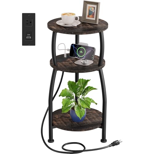 Round Side Table with Charging Station, Small Spaces Nightstand | 3-Tier End Table Beside Sofa Couch, Type C & USB Ports, Small Accent Table for Living Room, Bedroom, Dorm, Oak Dark - color: Oak Dark, size: 11.8''Dia with Power Strip