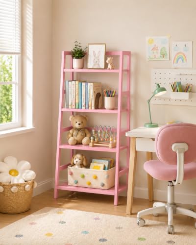 Homykic Bamboo Ladder Bookshelf, 4-Tier Ladder Shelf Open Book Shelf Freestanding Bookcase Bathroom Storage Rack Plant Stand for Living Room, Bedroom, Office, Easy Assembly, Pink - color: Pink