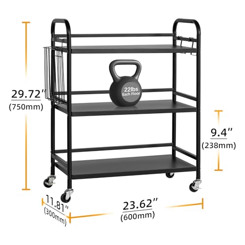 HDANI 3 Tier Metal Rolling Utility Cart,High Capacity Multi Purpose Heavy Duty Cart for Office,Kitchen,Living Room,Bedroom,Black - color: Black, size: Large with Basket