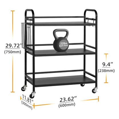 HDANI 3 Tier Metal Rolling Utility Cart,High Capacity Multi Purpose Heavy Duty Cart for Office,Kitchen,Living Room,Bedroom,Black - color: Black, size: Large with Basket