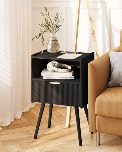 JOONEE Black Nightstand with Outlet,Modern Bedside Table with Storage Drawer and Open Wood Shelf, for Living Room, Bedroom and Small Spaces, Accent Night Stand with Solid Wood Legs, Easy Assembly - color: Black-outlet