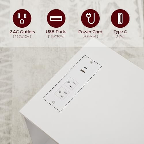 MAHANCRIS End Table with Charging Station, C-Shaped White Side Table, Thin Nightstand with Storage, Bedside Table for Small Spaces, End Tables Living Room, Bedroom, Easy Assembly, ETWT18E01Z - color: White