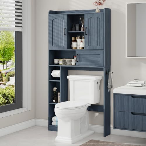 Vabches Over The Toilet Cabinet with 2 Barn Doors & Sliding Door, Blue | Farmhouse Toilet Storage Rack, Bathroom Organizer with Open Storage Layer and Adjustable Shelves & Hooks - color: Blue