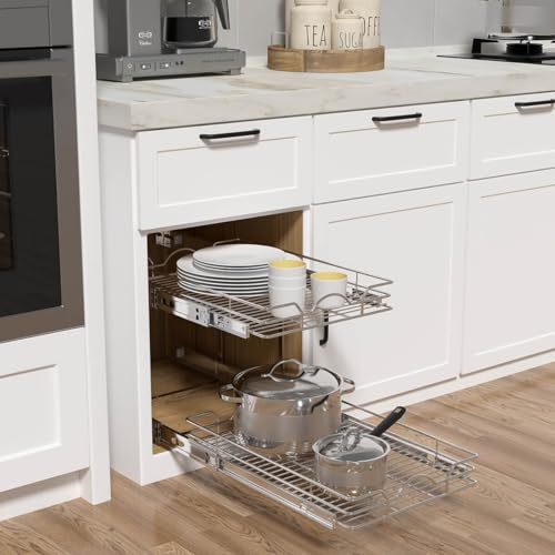 OCG 2 Tier Pull Out Cabinet Organizer (18.5" W x 21" D), Pull Out Drawers for Kitchen Cabinets, Pull Out Shelves for Base Cabinet Organization in Kitchen Bathroom Pantry, Chrome Finish - size: 18.5"W x 21"D, 2 Tier