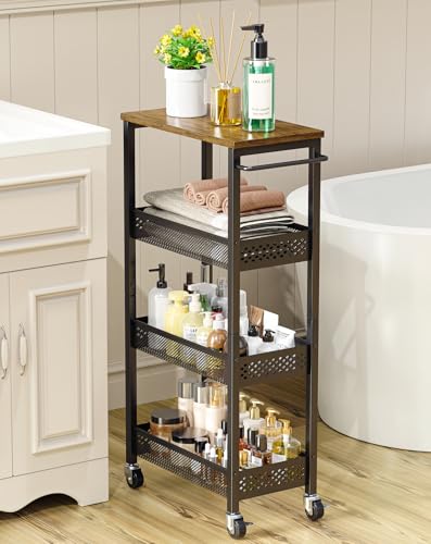 OKZEST Utility Slim Storage Cart, 4-Tier Narrow Bathroom Organizer and Storage Cart, Metal Narrow Kitchen Laundry Room Organization Rack with Wood Top, Slim Rolling Shelf with Wheels for Small Space - color: Black, size: 9.1 Inch Wide