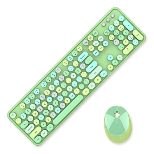 Guffercty kred Green Colorful Wireless Keyboard Mouse, Cute Retro Typewriter Round Keycaps 2.4GHz Dropout-Free Connection for Laptop/PC (Multicolor Green) - color: Multicolor Green